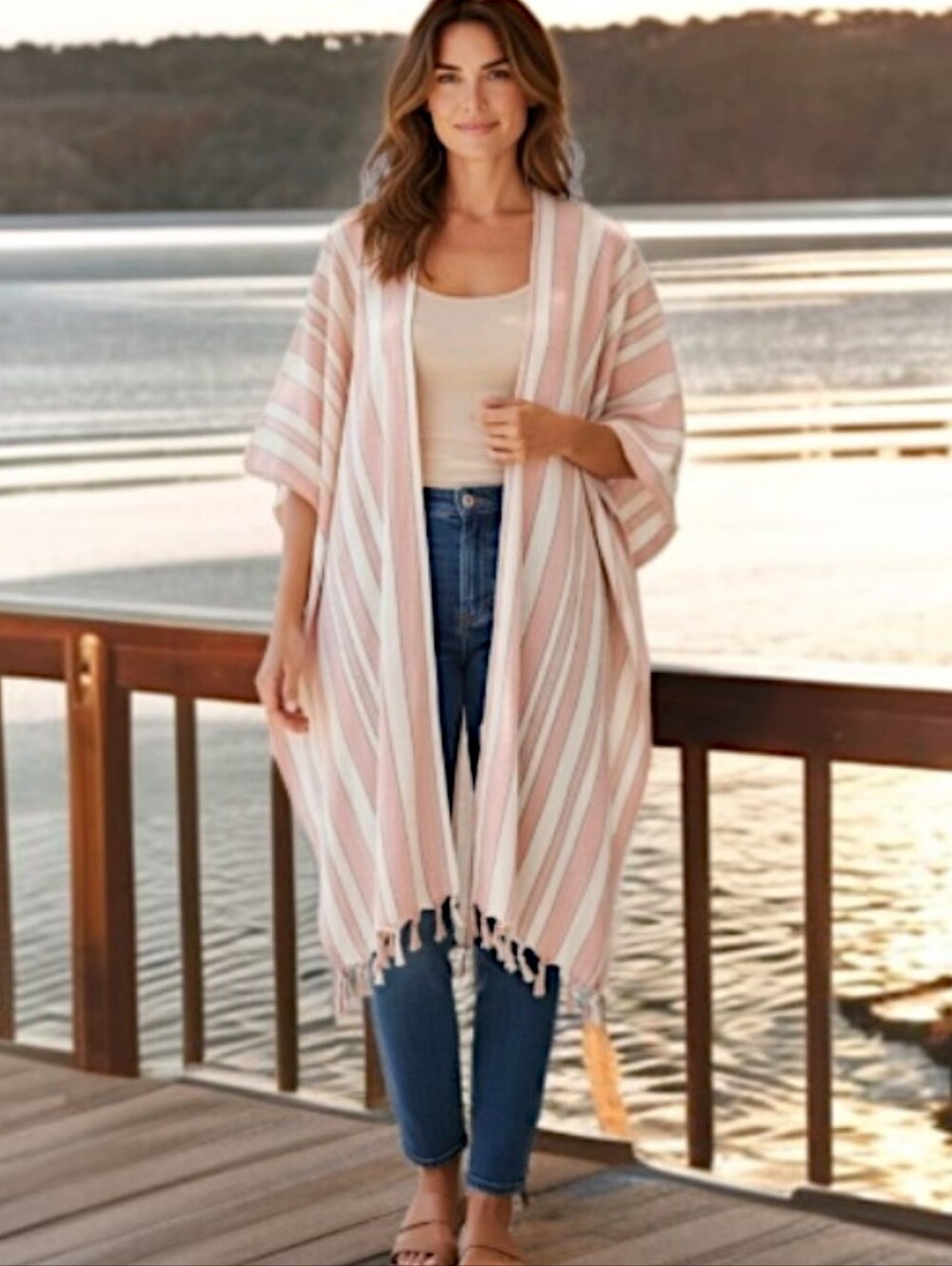 Rays for Days Kimono Cover Up One Size Coral Stripe Fringe Bohemian Beach NEW - Picture 15 of 15
